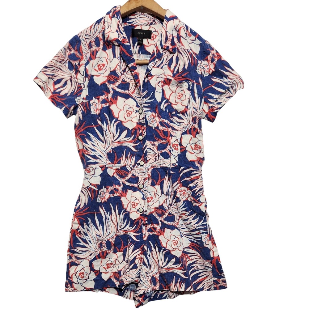 J.Crew Floral Linen Blend Button Front Romper Blue Red Tropical Summer Womens 6